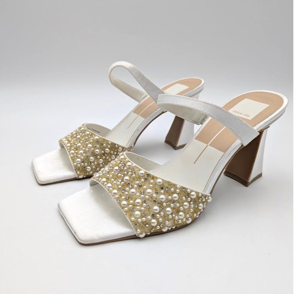 Dolce Vita Nasia Rhinestone Block Heel Sandals Women's White Size US8.5 EU39